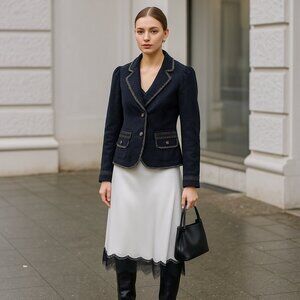 Vintage Y2K Blue Lace Sequence Trim Blazer Sz XS Victorian Cropped Whimsical